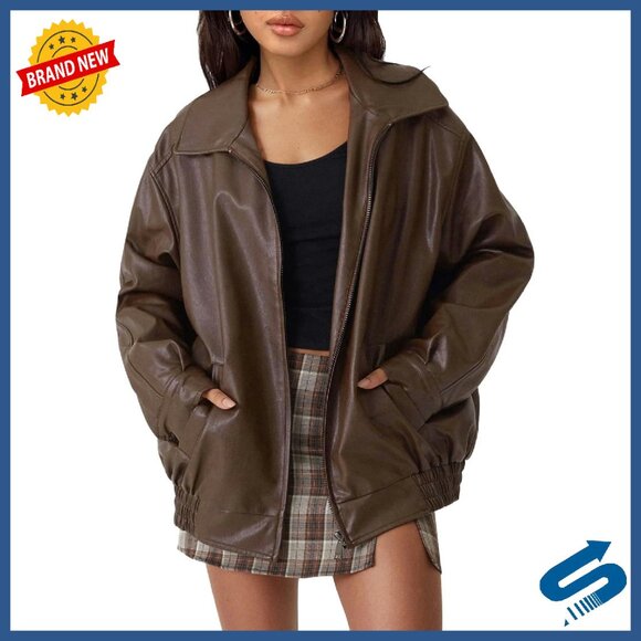 Oversized Faux Leather Motorcycle Jacket - Zipper Closure Fall Coat